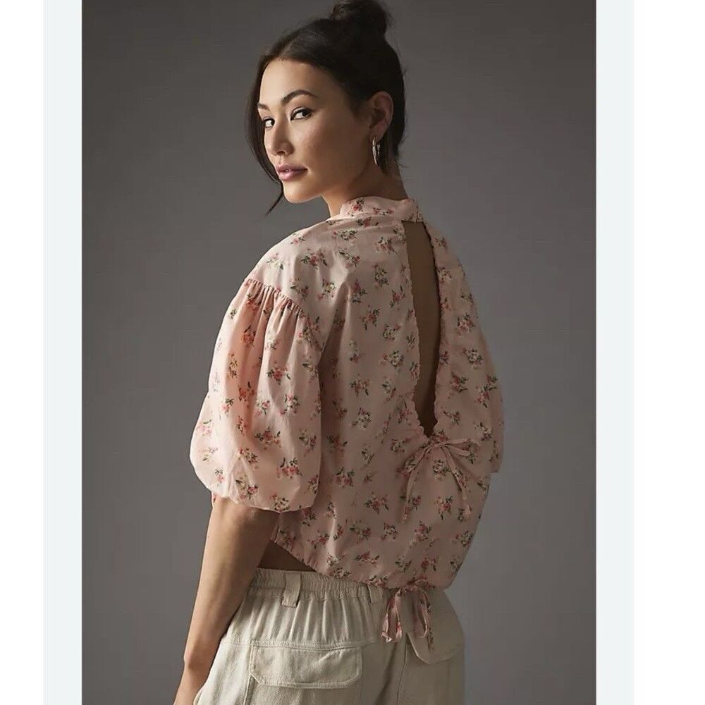 Anthropologie Pink Floral Cropped Bubble Sleeve Open Back Blouse Top Size XL